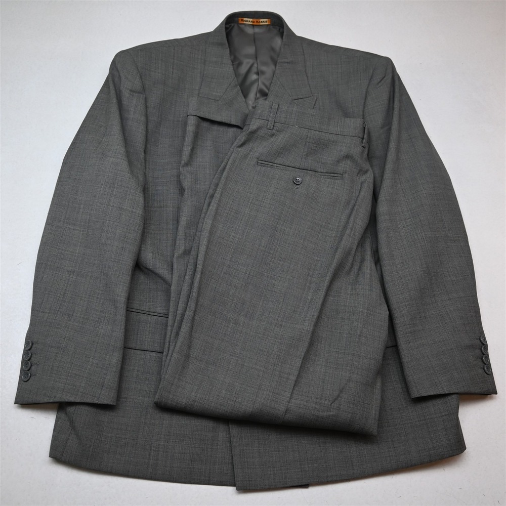 Richard Harris 46R 36x32 Gray Sharkskin Wool Double Breasted Jacket Pants Suit